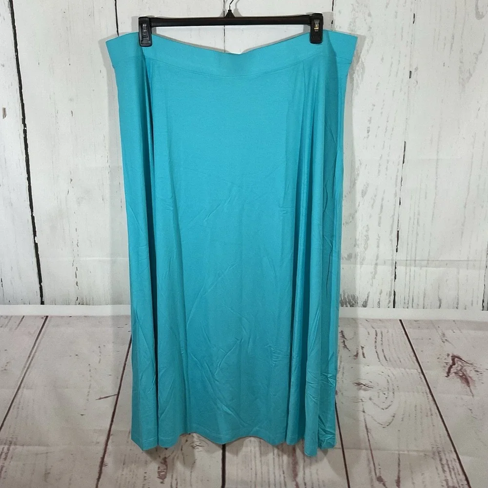 Lands‎ End Maxi Long Skirt 3X 24W-26W Blue Wide Waist Flowy Beach Resort Coastal